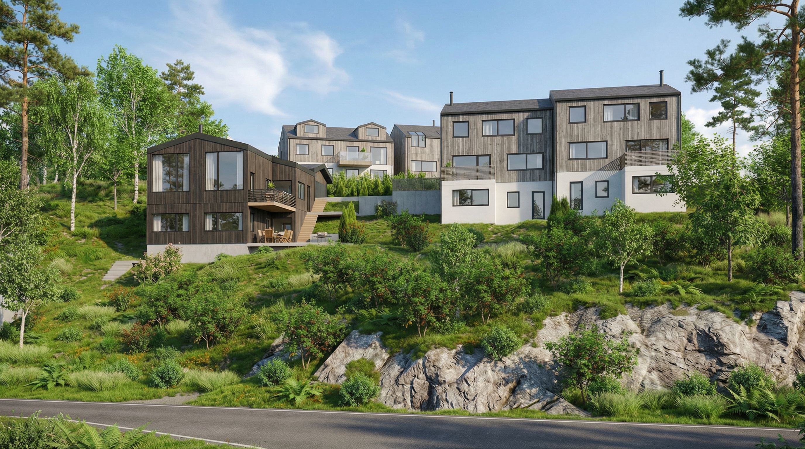 Eksteriør CØV49 – moderne boliger med grå trekledning i Bærum